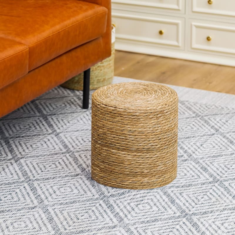 Adeco Round Ottoman Natural Cattail Hand Weave Foot Stool - 14.5" Height - Natural