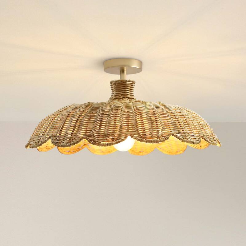 Aurelia Rattan Flush Mount - Rattan Natural 1-Light Handwoven Ceiling Light for Dining Room or Living Room in Modern, Boho Style