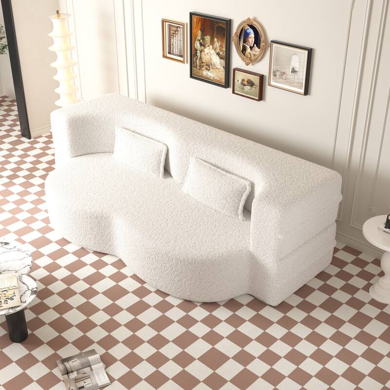 Modern Floor Sofa with 2 Pillows,Convertible Teddy Fabric Foam-Filled Sleeper Sofa Bed,15" Full Size Folding Mattress