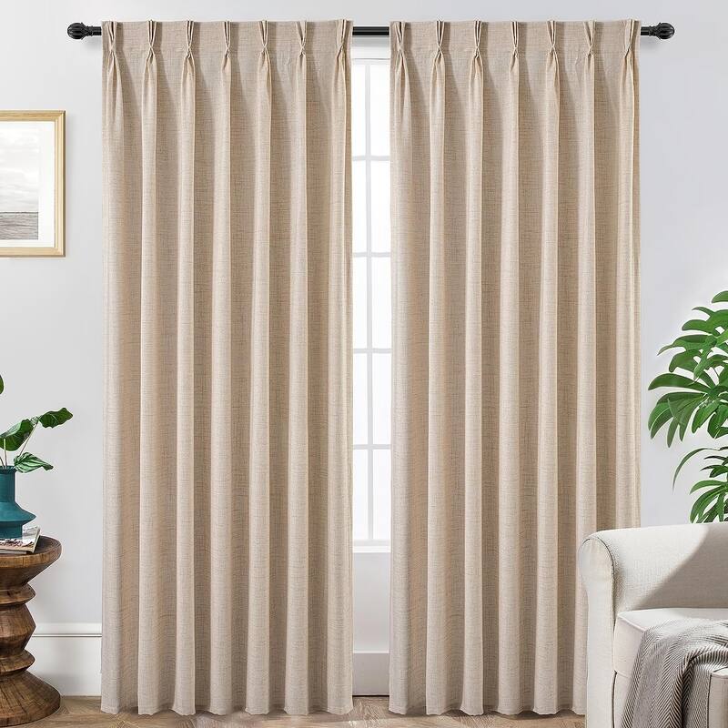 DriftAway Pinch Pleat Linen Textured Semi Sheer Solid Curtains Back Tabs - 50" Width X 102" Length - Light Linen