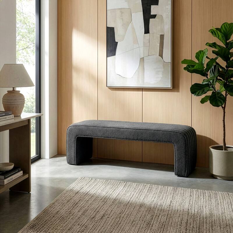 Benicia Gray Boucle Upholstered Fabric Tufted Bench