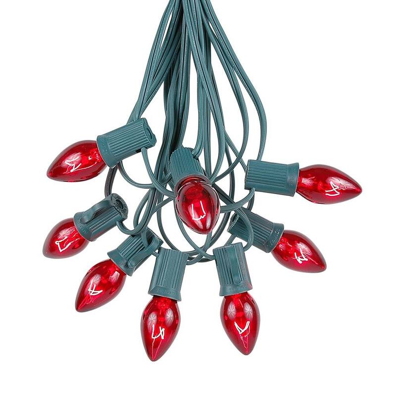 25 Foot C7 Christmas Light Set, Hanging Patio String Lights, Green Wire - Red
