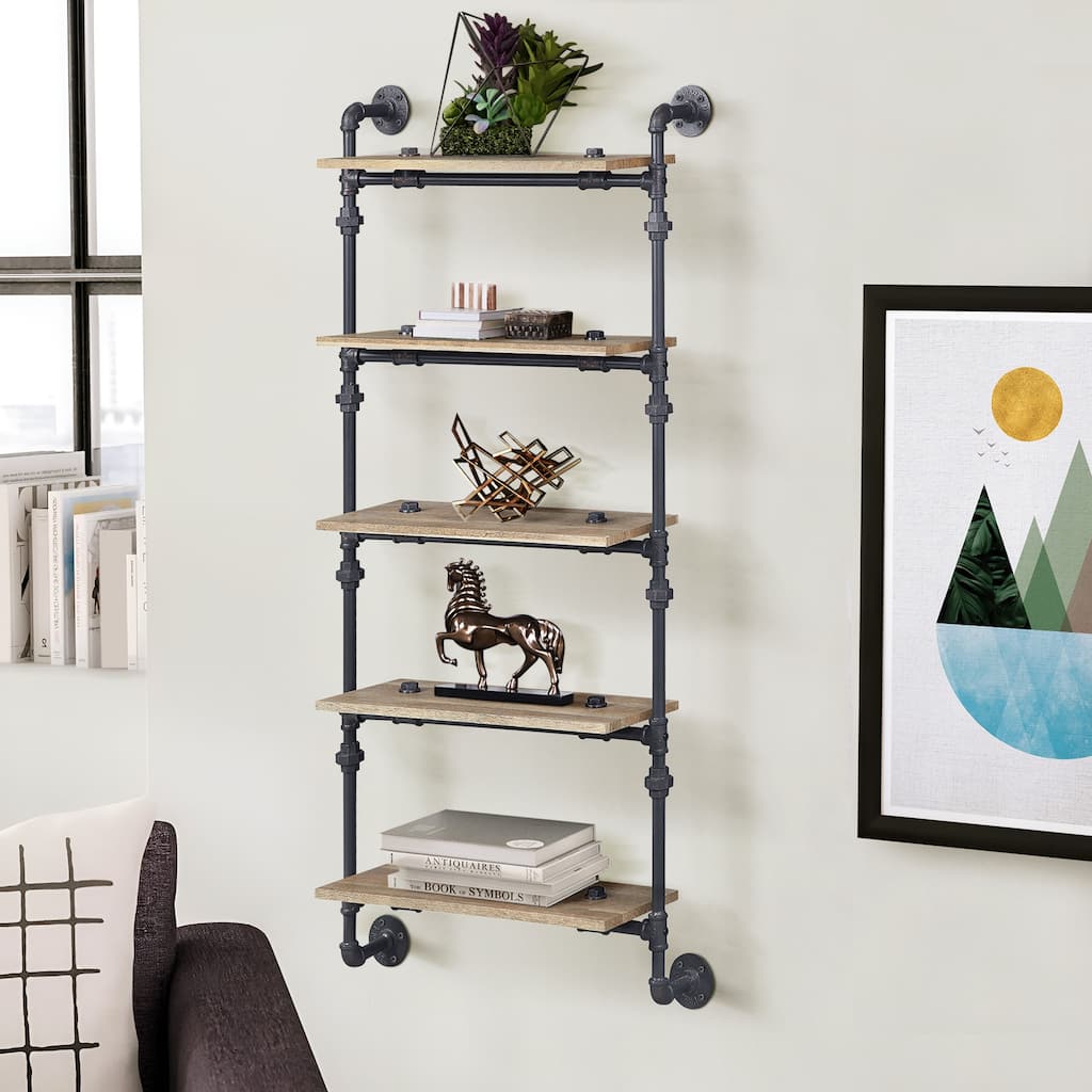 Mankato Oak and Sandy Black Rectangle 5-Tier Wall Shelf