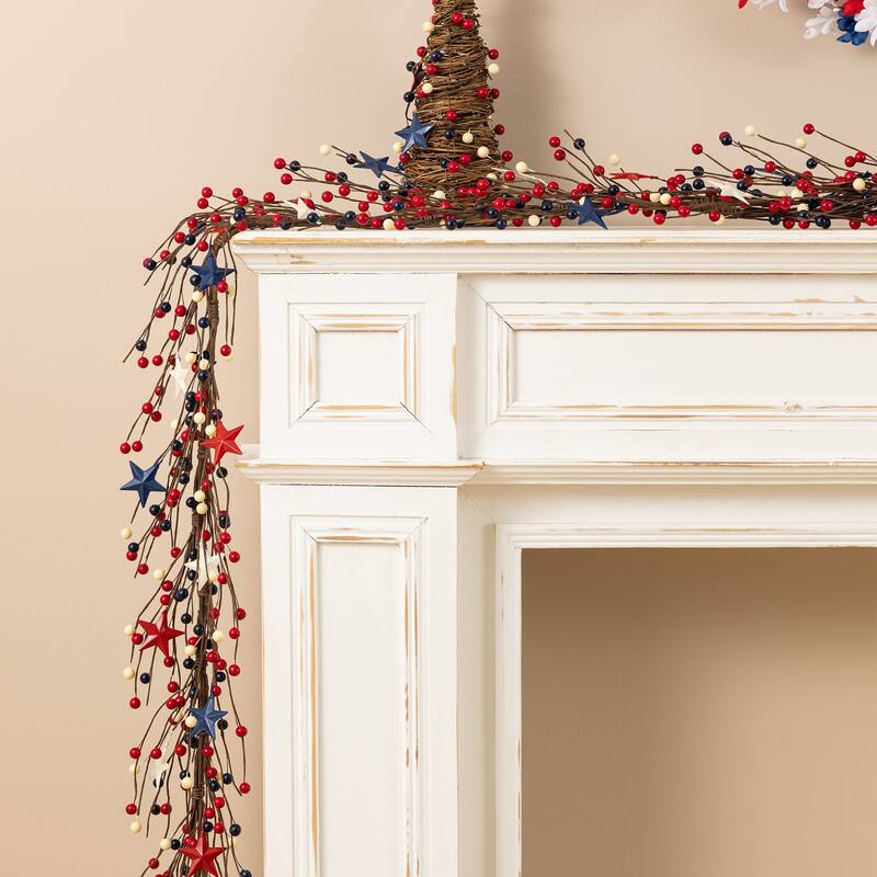 Glitzhome Patriotic/ Americana Red White Blue Floral Wreath or Stars Berry Garland