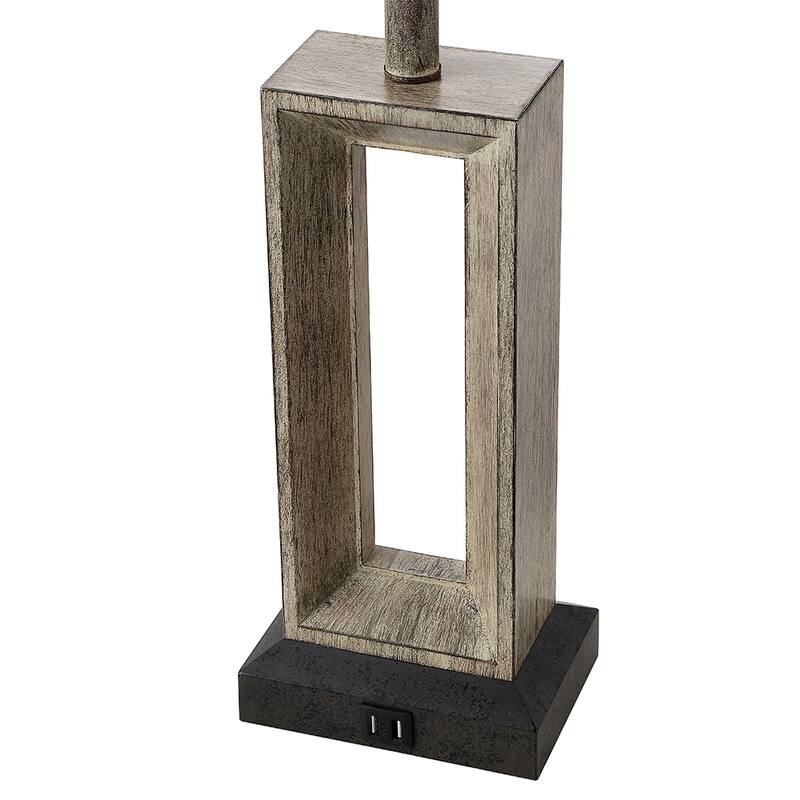 27.4 in. Bronze and Wood Tone Table Lamp with Double USB Port and White Linen Shade (Set of 2) - 27.4"H