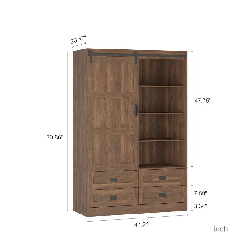 Tall Armoire Wardrobe Closet with Hanging Rod Barn Door 4 Drawers and 3 Open Shelves MDF Bedroom Storage Cabinet