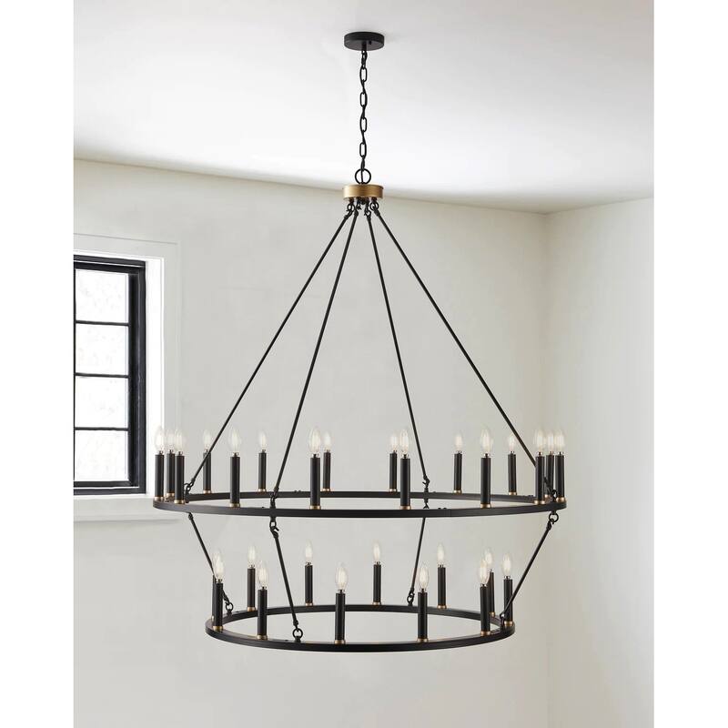 Black Industrial 28-Light Wagon Wheel 2-Tier Candle Style Chandelier - Black