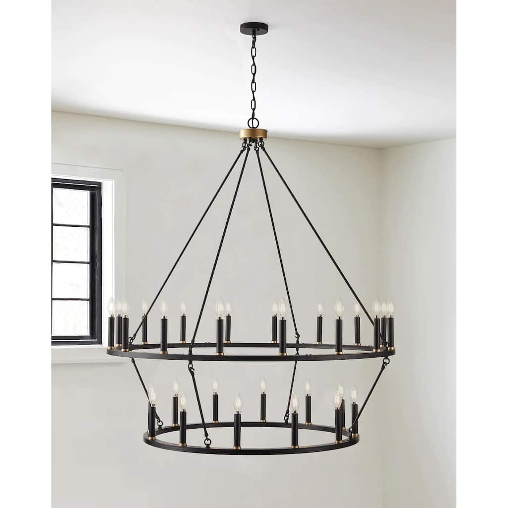 Black Industrial 28-Light Wagon Wheel 2-Tier Candle Style Chandelier