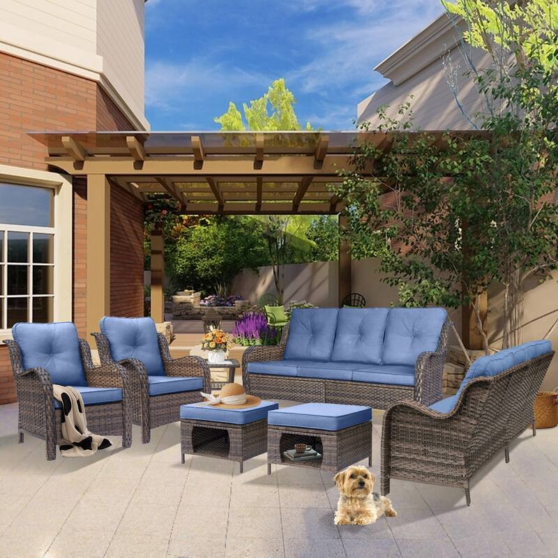 Wicker Outdoor Patio Furniture Seating Sofa Set with Storage Ottomans - 7 Piece - Denim Blue