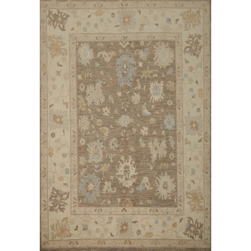 Hand Knotted Oriental 100% Wool Carpet Transitional All-Over Brown Oushak Area Rug - 9' 7'' X 8' 1''