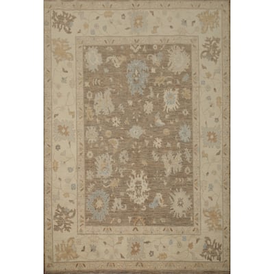 Hand Knotted Oriental 100% Wool Carpet Transitional All-Over Brown Oushak Area Rug - 9' 7'' X 8' 1''