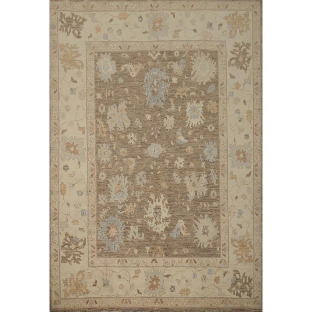 Hand Knotted Oriental 100% Wool Carpet Transitional All-Over Brown Oushak Area Rug - 9' 7'' X 8' 1''