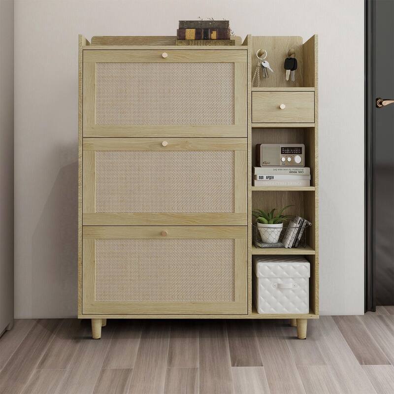 Classes Farmhouse Wood Shoe Organizer Storage Cabinet with Breathable Mesh Holes - Natural Wood