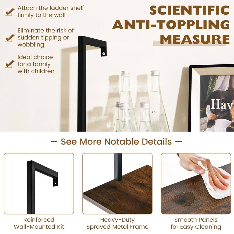 Costway 5 Tier Ladder Shelf 71'' Height Wall-Mounted Bookshelf Display - See Details