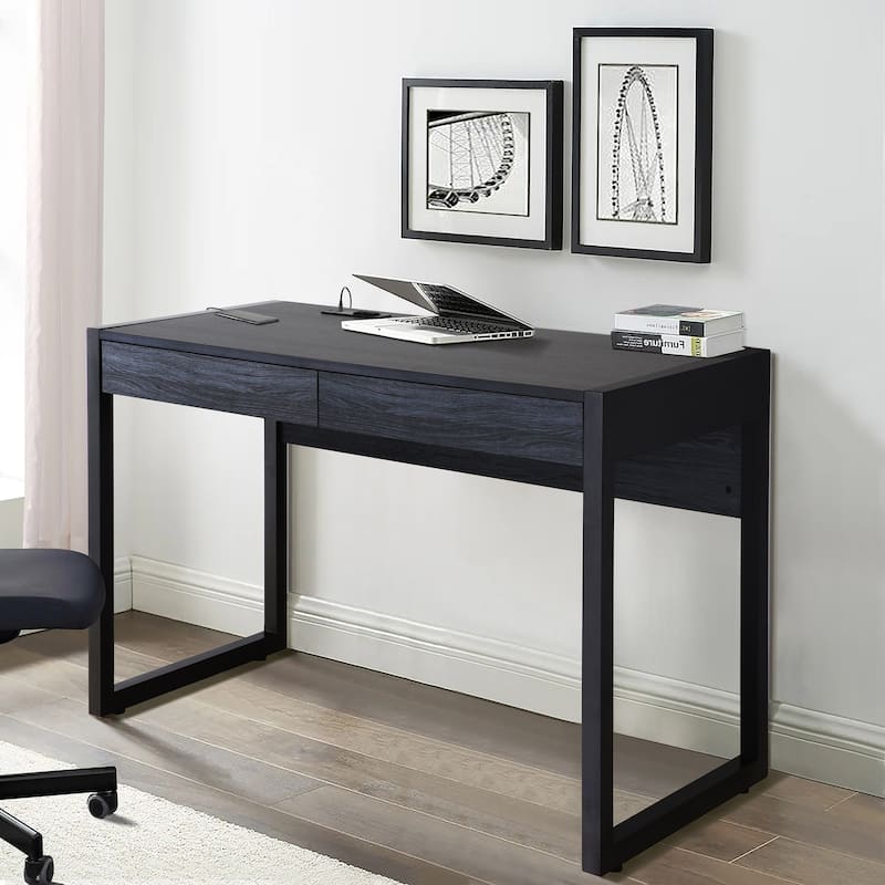 Q-Max 52"W Writing Desk With Two Drawers, Power Outlet, USB Ports - Modern Computer Table - Work Desk for Home, Office, Bedroom
