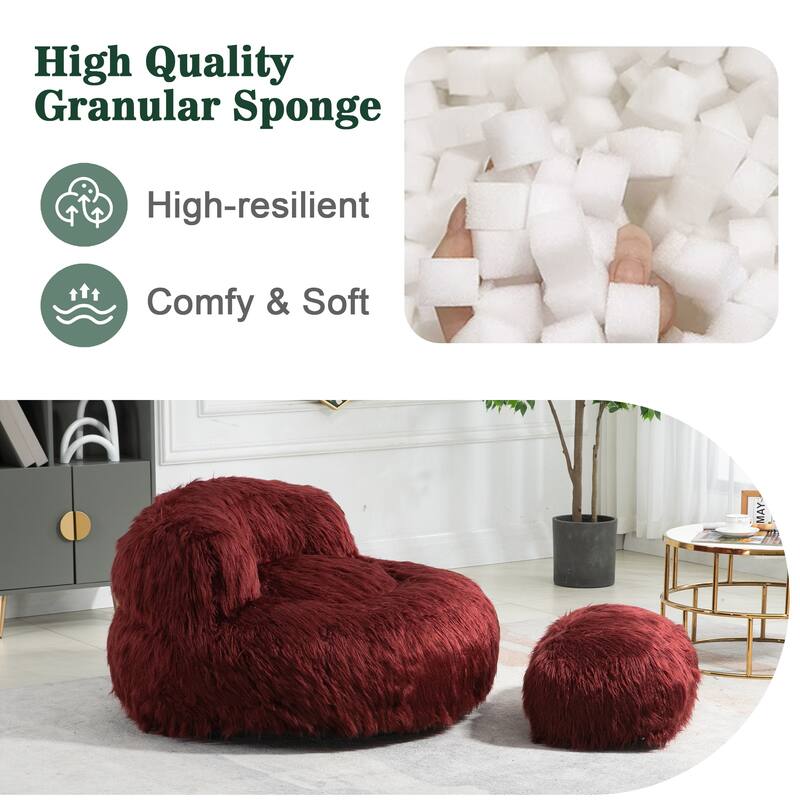 Plush Upholstered Round Comfort Lounger Bean Bag Chair with Ottoman