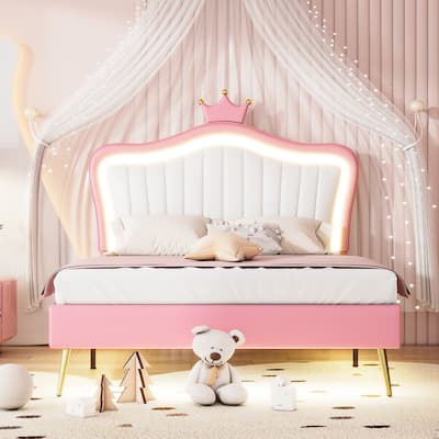 Full Size Bed Frame with LED Lights, Modern Princess Bed with Crown Headboard, PU Upholstered LED Platform Bed