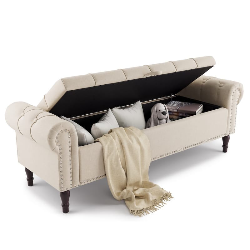 Modern Velvet Upholstered Storage Bench with Silver Nailhead Trim