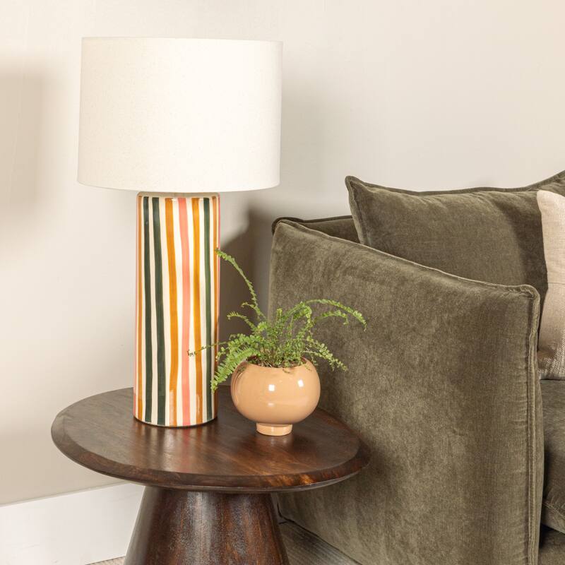 Stripe Stoneware Table Lamp with Linen Shade