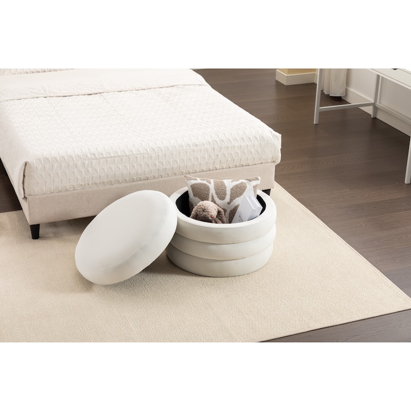 Velvet Round Ottoman with Storage, Footstool with Wooden Shelving, Multifunctional Round Vanity Stool for Makeup