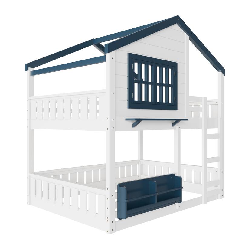 Full/Twin Bunk Bed with Bookshelf, House Design Loft Bed with Safety Fencing, High-Quality Kids Bed Frame