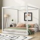 preview thumbnail 7 of 12, King Size Wooden Canopy Bed w/ Support Legs Upholstered Platform Bed Frame No Box Spring Needed, Easy Assembly Floor Bed White