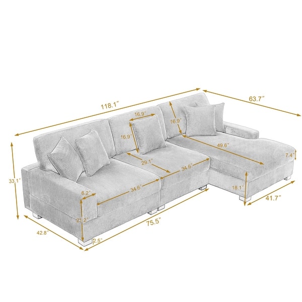 dimension image slide 2 of 4, 118" W Corduroy L-shape Modular Sectional Sofa with Pillows