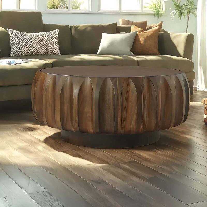 Round Coffee Table, Drum Coffee Table Contemporary Wood Round Coffee Table with Fluted Centry Table - Walnut