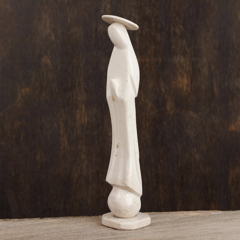 Handmade Holy Madonna In White Marble Statuette (Mexico) - 10.5" H x 2.2" W x 2.1" D