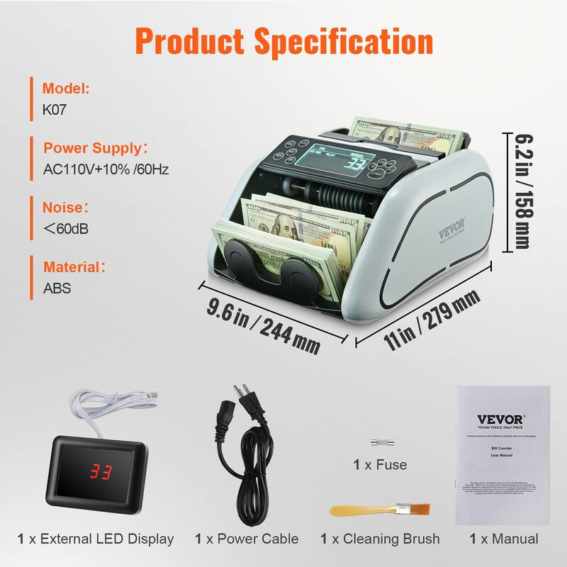 VEVOR Money Counter Machine, Bill Counter with UV, MG, IR and DD Counterfeit Detection