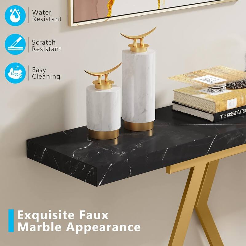 70.9 Inch Extra Long Sofa Console Table Faux Marble Tabletop Metal Frame Modern Style for Living Room/Entryway/Hallway