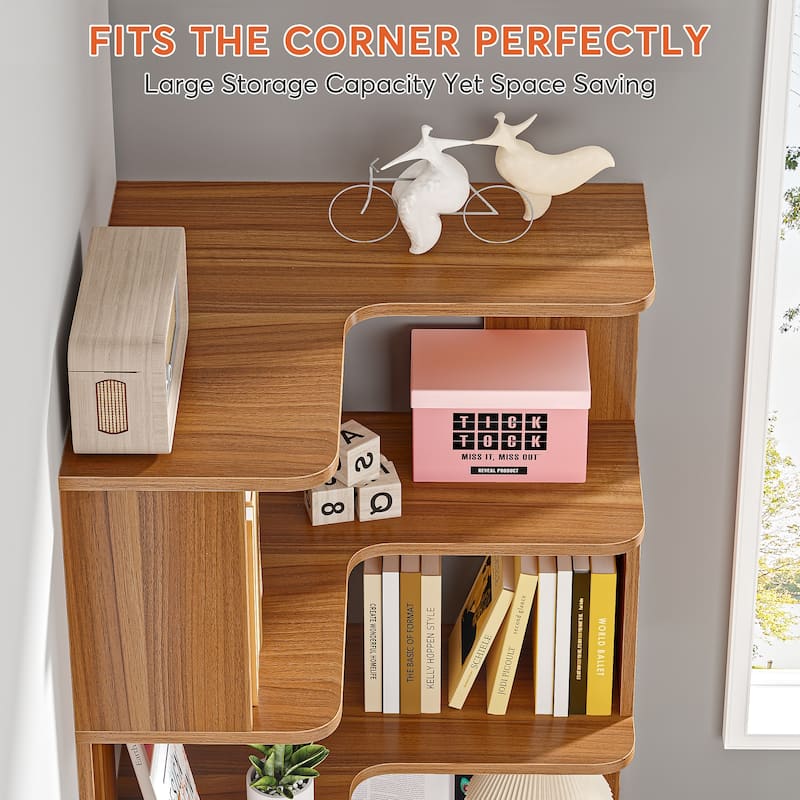 6-Tier Corner Book Shelf, 64.9"Tall Freestanding Wood Industrial Bookcase Bookshelf