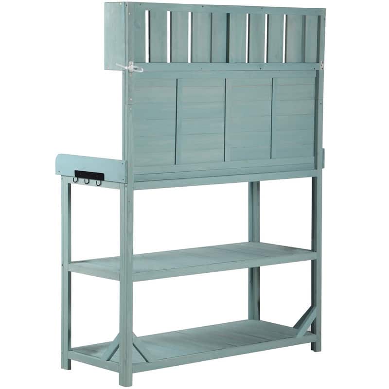 Large Wooden Outdoor Potting Bench Table, Patio Workstation, Garden Potting Bench with 4 Storage Shelves and Side Hook