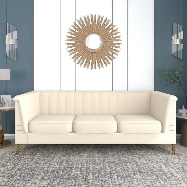 slide 2 of 33, Contemporary Flared Arm Tufted Velvet Sofa with Gold Trim Legs Beige
