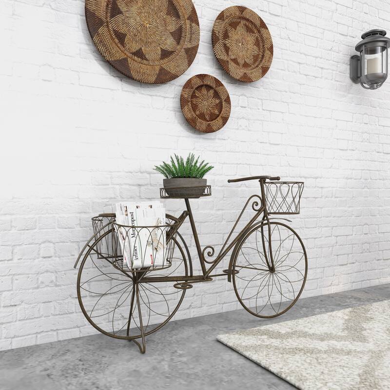 Brown Metal Indoor Outdoor Wire Floral Scrolled Bike Indoor Outdoor Plantstand with Basket and Saddle Bag Planters