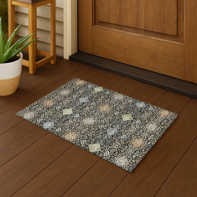 Machine Washable Indoor/ Outdoor Boho Panel Chantille Rug - Black - 1'8" x 2'6"