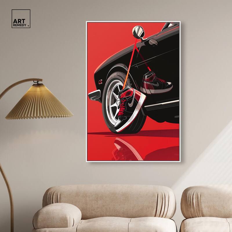 Red Bold Sneaker and Car Canvas by Art Remedy