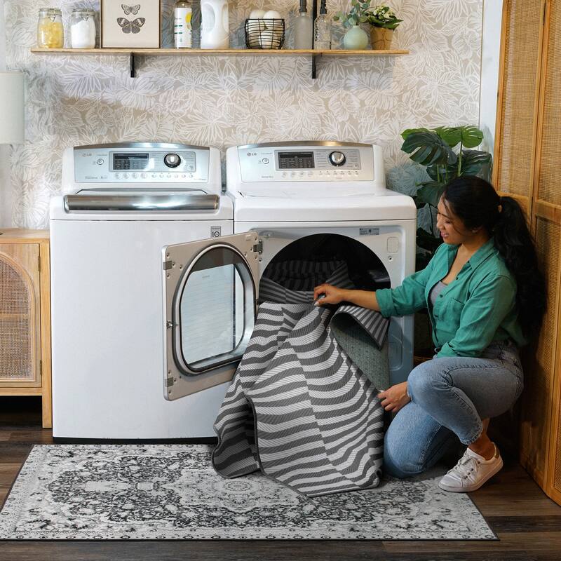 My Magic Carpet Tratti Offset Stripe Black Cream Machine Washable Rug
