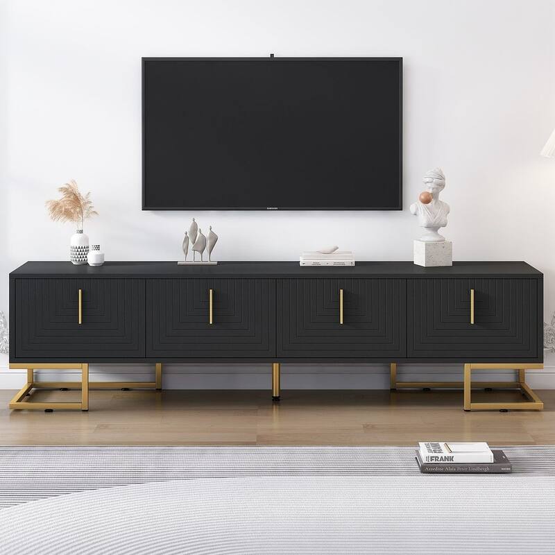 Modern TV Stands with Gold Accents, Fits TVs Up to 80'', White/Black - Black+Gold