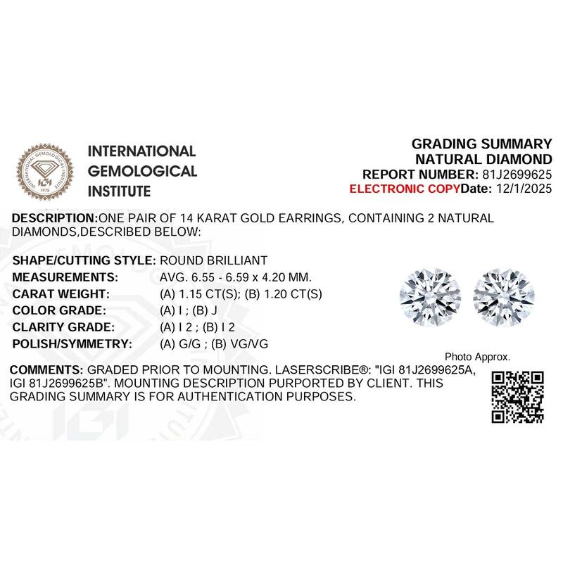Bliss Diamond Certified 2 1/4Ct TW Natural Diamond Studs White Gold Screw Back