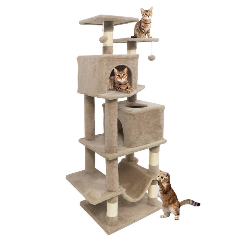 Gymax 57'' Cat Tree for Indoor Cats w/Dual Condos Hammock Sisal - Brown