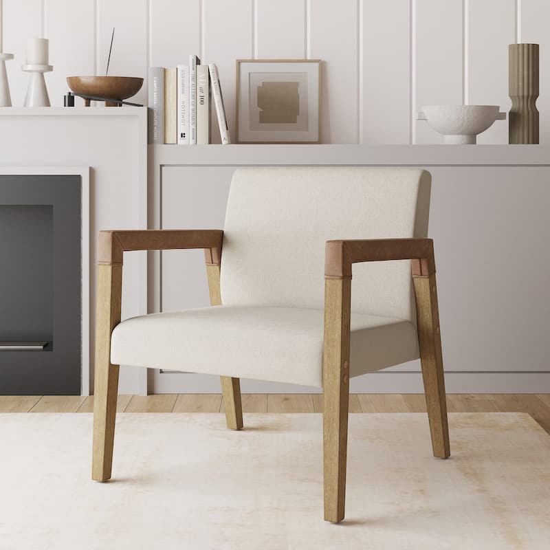 Hudson Upholstered Accent Chair with Faux Leather Arm Upholstery - Natural Flax