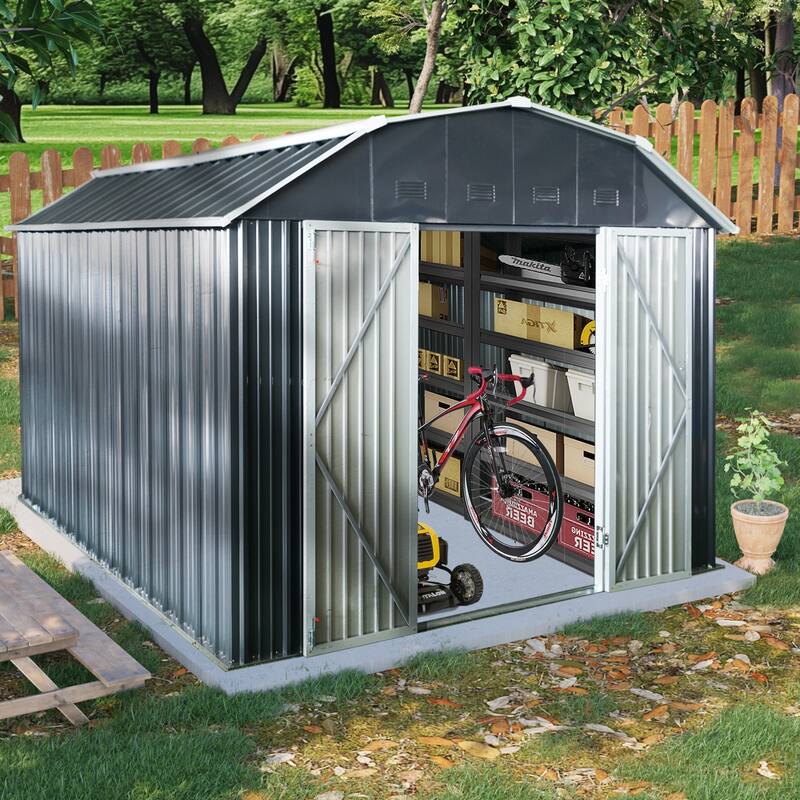 10 ft x 12 ft Outdoor Metal Storage Shed with Arch Roof with Lockable Doors for Backyard Garden Patio Lawn - Black