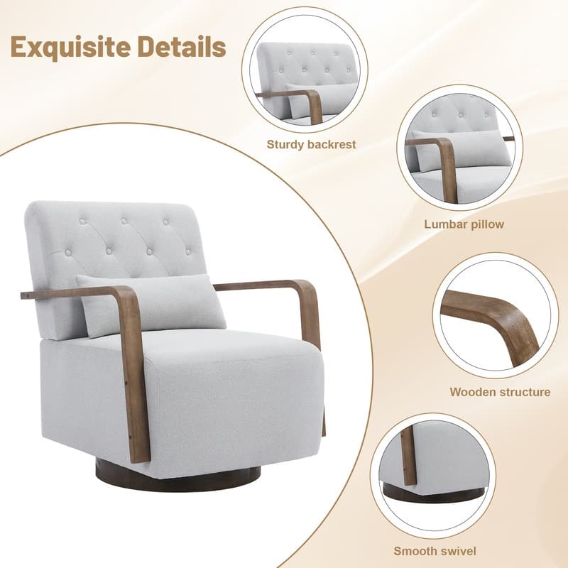 Solid Wood Swivel Accent Chair with Armrests and Lumbar Pillow - 360° Rotation