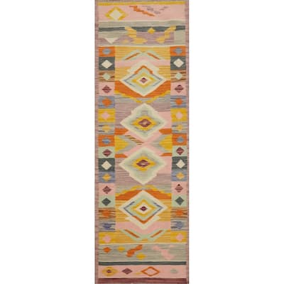 Hand Woven Oriental 100% Wool Carpet Southwestern Tribal Multi-Colored Kilim Runner Rug - 7' 11'' X 2' 1''