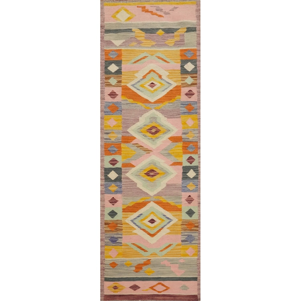 Hand Woven Oriental 100% Wool Carpet Southwestern Tribal Multi-Colored Kilim Runner Rug - 7' 11'' X 2' 1''