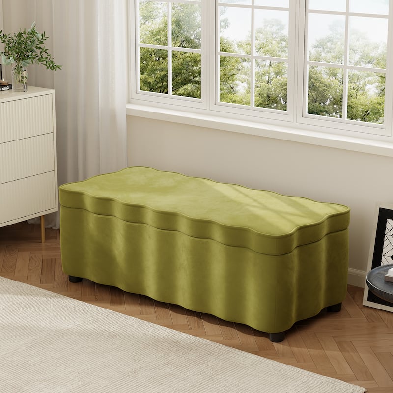 Christopher Knight Home - Milan Modern Velvet Storage Ottoman with Scalloped Design - Olive Green