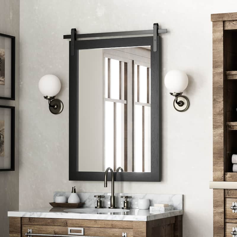 Farmhouse Barn Door Solid Wood Frame Bathroom Vanity Wall Mirror - 24W * 36H Inches - Black