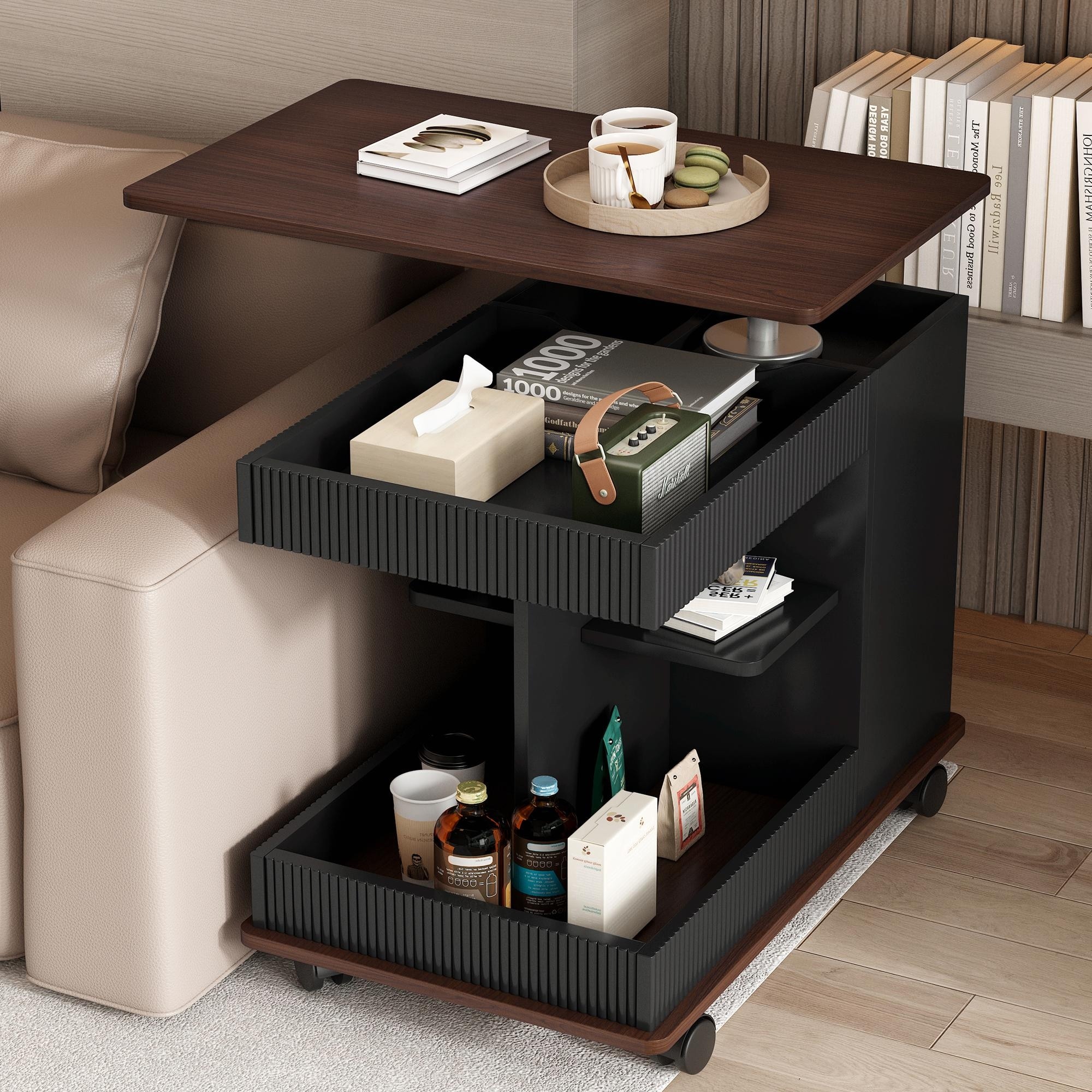 Modern Multifunctional Sofa Side Table with Lift-Top, 360