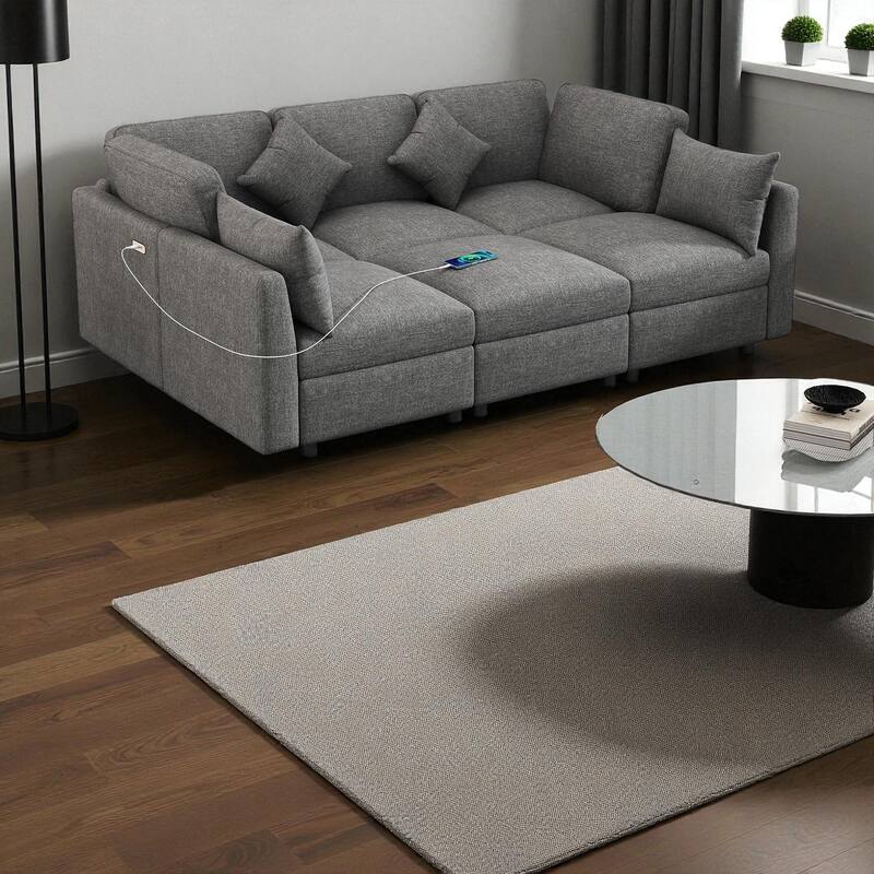86.6" Modular Sectional Sofa U-Shaped Couch with Movable Ottoman USB Ports Chenille Sofa Bed for Living Room